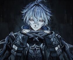  1boy absurdres antenna_hair arm_belt arms_up belt black_coat black_gloves blue_hair coat commentary_request crossed_bangs double-parted_bangs eyelashes flins_(genshin_impact) genshin_impact gloves gradient_hair highres koumimi male_focus multicolored_hair parted_lips sleeve_cuffs smile solo teeth upper_body yellow_eyes 