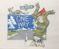  1girl animal arms_up beanie belt billboard black_belt blonde_hair blue_eyes brown_pants closed_mouth commentary_request cropped_legs direction_board english_text green_sweater hair_over_one_eye hat highres lizard long_sleeves looking_at_viewer midriff original pants peter_salt pinching_sleeves red_hat ribbed_sweater road_sign short_hair sign sleeves_past_wrists smile standing sweater traditional_media turtleneck turtleneck_sweater 