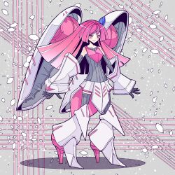  1girl absurdres armor armored_boots blunt_bangs blunt_ends blush boots closed_mouth commentary csupersemi95047 full_body gundam gundam_zz high_heel_boots high_heels highres long_hair mecha_musume pink_eyes pink_hair qubeley smile solo standing 