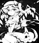  1girl ascot blouse bow flandre_scarlet frills hair_bow hands_on_lap hands_together hat kurisu_sai marker_(medium) mob_cap monochrome open_mouth petals puffy_short_sleeves puffy_sleeves shikishi short_hair short_sleeves side_ponytail sitting skirt solo touhou traditional_media wings 