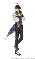  1boy absurdres ahoge ascot black_hair black_jacket black_pants black_shirt black_shoes blue_hair blue_jacket blue_streaks blue_vest boutonniere brocade commentary_request ezekiel_(king&#039;s_raid) flower formal_clothes frown full_body gem gloves gold_trim groom highres holding holding_jewelry holding_ring jacket jaeyun jewelry king&#039;s_raid multicolored_jacket multicolored_shoes official_alternate_costume official_art pants red_gemstone ring shirt shoes short_hair solo suit suit_jacket sweatdrop tailcoat two-sided_fabric two-sided_jacket vest wedding_ring white_ascot white_gloves white_jacket white_shoes yellow_eyes yellow_flower 