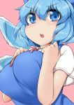  1girl blue_eyes blue_hair blush bow breasts cirno fun_bo hair_bow hands_on_own_chest ice ice_wings large_breasts looking_at_viewer open_mouth pink_background red_ribbon ribbon short_hair short_sleeves simple_background solo touhou wings 