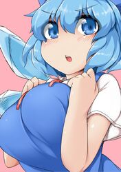  1girl blue_eyes blue_hair blush bow breasts cirno fun_bo hair_bow hands_on_own_chest ice ice_wings large_breasts looking_at_viewer open_mouth pink_background red_ribbon ribbon short_hair short_sleeves simple_background solo touhou wings 