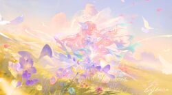  1girl aqua_hair bird blue_sky bridal_veil character_name cyrene_(honkai:_star_rail) cyrene_(ripples_of_past_reverie)_(honkai:_star_rail) dove dress flower hair_flower hair_ornament hashtag-only_commentary highres honkai:_star_rail honkai_(series) koujuan long_hair multicolored_hair outdoors pink_hair sky solo two-tone_hair veil very_long_hair white_dress 