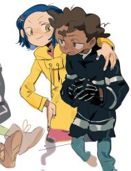  1boy 1girl arm_around_shoulder arrcticc_fish black_gloves black_jacket blue_hair brown_hair coat coraline_(movie) coraline_jones cowboy_shot dark-skinned_male dark_skin english_commentary freckles gloves green_eyes hand_on_own_hip highres jacket kinky_hair looking_at_another short_hair simple_background white_background wybie_lovat yellow_coat yellow_eyes 