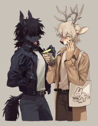  1boy 1girl antlers black_hair black_jacket blonde_hair brown_coat bubble_tea closed_eyes coat commentary cowboy_shot cropped_legs cup deer_boy drink ear_piercing furry furry_female furry_male grey_background hair_over_eyes hand_in_pocket highres holding holding_cup horns horse_girl jacket knifedragon medium_hair original piercing short_hair simple_background tail 