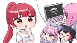  3girls :d ahoge animal_ear_fluff animal_ears black_hair blue_hair blush_stickers braid brown_eyes chibi closed_eyes clothes_writing computer cursor english_text heterochromia hololive houshou_marine laptop low_ponytail low_twintails minato_aqua mochimiko multicolored_hair multiple_girls ookami_mio parted_lips pink_hair ponytail red_eyes red_hair shirt short_sleeves simple_background smile streaked_hair sweat twin_braids twintails two-tone_hair violet_eyes virtual_youtuber white_background white_shirt wolf_ears 