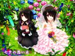  2girls black_hair book breasts cleavage date_a_live dress flower gothic_lolita hair_ornament hair_over_one_eye heterochromia highres holding holding_book holding_flower jewelry lolita_fashion long_hair looking_at_viewer multiple_girls necklace pink_dress red_eyes smile strapless_dress tokisaki_kurumi tsubasaki wedding_dress 