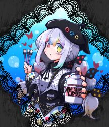  1girl absurdres artist_painter beret black_jacket bow bug butterfly collared_shirt hat heterochromia highres holding holding_paintbrush holding_spray_can jacket jogasaki_noah long_hair long_sleeves looking_at_viewer mahou_shoujo_no_majo_saiban multi-tied_hair multicolored_hair nagaresimasu neck_ribbon open_mouth paintbrush polka_dot polka_dot_bow red_butterfly red_eyes ribbon shirt solo spray_can streaked_hair white_hair white_shirt yellow_eyes 