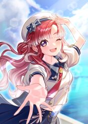  1girl anchor_symbol blue_sailor_collar blue_skirt blue_sky blurry blurry_background blurry_foreground bow clouds depth_of_field earrings hat hat_bow highres jewelry long_hair looking_at_viewer multicolored_hair necktie nijisanji one_eye_closed puffy_short_sleeves puffy_sleeves red_hair red_necktie roarroa sailor_collar saotome_berry shirt short_sleeves skirt sky smile solo streaked_hair violet_eyes virtual_youtuber white_shirt 