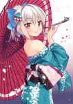  1girl at-yui bare_shoulders bow hair_bow hair_ornament highres holding_pipe japanese_clothes kiseru oriental_umbrella original pipe ponytail silver_hair solo umbrella 