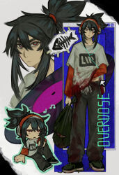  aislingxyz black_hair blood blood_on_clothes closed_eyes commentary cursor english_commentary headphones katana_zero musical_note ponytail trash_bag vinyl_record zero_(katana_zero) 