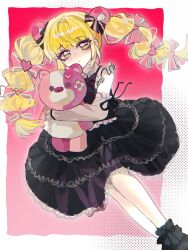  1girl black_dress black_shoes blonde_hair blunt_bangs bow child chinese_commentary commentary_request detached_sleeves dress feet_out_of_frame frilled_dress frilled_sleeves frills hair_bow high_ponytail highres holding holding_stuffed_toy identity_v jirai_kei legs_together long_hair medium_dress memory_(identity_v) multiple_hair_bows ponytail ribbon shoes sidelocks sitting solo stuffed_toy twintails yellow_eyes zhuzangli451 