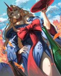  1girl absurdres autumn_leaves bare_shoulders blonde_hair blue_kimono blue_sky bottle clouds commentary cup from_below haido_(unisan) hand_on_own_hip highres holding holding_cup horns hoshiguma_yuugi hoshiguma_yuugi_(kimono) japanese_clothes kimono large_ribbon leaf long_hair off_shoulder official_alternate_costume pointy_ears red_eyes sakazuki sake_bottle single_horn sky solo thighs touhou very_long_hair 