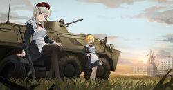  2girls absurdres apron armored_personnel_carrier armored_vehicle black_pantyhose blonde_hair blue_eyes breasts character_request clouds cloudy_sky frilled_apron frills girls_frontline grass highres house long_hair looking_at_viewer lord-erica military_vehicle monument motor_vehicle multiple_girls outdoors pantyhose school_uniform short_hair sky small_breasts soviet_school_uniform tank violet_eyes vladimir_lenin vsk-94_(girls&#039;_frontline) weapon_request 