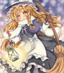  1girl apron black_dress blonde_hair blush bow braid broom brown_gloves capelet dress gloves hat hat_bow highres kirisame_marisa lantern long_hair long_sleeves mugicha0929 scarf single_braid snowing solo touhou traditional_media very_long_hair waist_apron watercolor_(medium) witch_hat yellow_eyes 