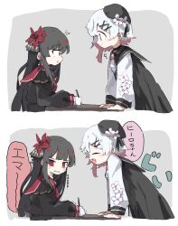  2girls arm_support averting_eyes azana beret black_hair black_hat closed_eyes closed_mouth flower from_side gradient_hair grey_background hair_flower hair_ornament hat highres long_hair long_sleeves looking_at_another mahou_shoujo_no_majo_saiban multicolored_hair multiple_girls multiple_views nikaido_hiro open_mouth pink_eyes pink_hair profile red_eyes sakuraba_ema short_hair smile speech_bubble standing trembling white_flower white_hair x_hair_ornament 