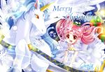  1girl :d bishoujo_senshi_sailor_moon chibi_usa christmas crescent double_bun dress facial_mark forehead_mark frills gift hair_ornament hairpin helios_(sailor_moon) horn merry_christmas open_mouth orange_eyes pegasus pegasus_(sailor_moon) pink_hair red_eyes shirataki_kaiseki short_hair signature small_lady_serenity smile snowflakes twintails white_dress 