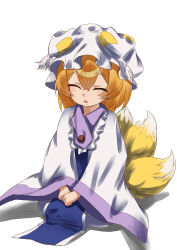  1girl absurdres blonde_hair closed_eyes commentary_request dress facing_viewer fox_girl fox_tail hair_between_eyes hands_on_lap hat highres kanilevel long_sleeves mob_cap multiple_tails open_mouth own_hands_together short_hair simple_background sitting solo tail touhou white_background yakumo_ran 