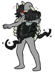  1boy 2girls animal_ears animal_hands arachne arthropod_girl claws colored_skin cow_ears eyepatch faceless faceless_male fewer_digits fluffy full_body green_skin heart hug latenight mini_person minigirl monster_girl monster_girl_encyclopedia multiple_girls multiple_legs one_eye_covered spider_girl taur ushi-oni_(monster_girl_encyclopedia) 