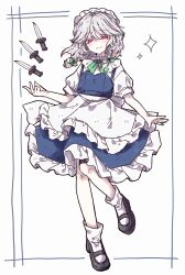  1girl apron black_shoes blue_skirt bow bowtie braid braided_sidelocks commentary_request frilled_apron frilled_hairband frilled_skirt frills full_body green_bow green_bowtie hair_between_eyes hair_bow hairband highres izayoi_sakuya knife looking_at_viewer maid maid_apron maid_headdress okura_0915 puffy_short_sleeves puffy_sleeves red_eyes shoes short_sleeves skirt socks solo standing standing_on_one_leg touhou white_apron white_hair white_socks 
