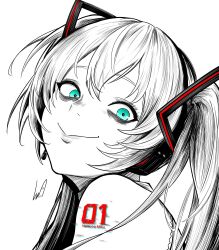  1girl :&gt; absurdres aqua_eyes bags_under_eyes character_name commentary crazy_eyes crazy_smile english_commentary from_side greyscale hatsune_miku headset highres looking_at_viewer lughost monochrome number_tattoo portrait signature smile solo tattoo twintails vocaloid 