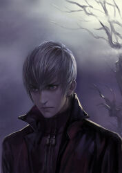  1boy bags_under_eyes bare_tree black_jacket closed_mouth commentary_request grey_eyes grey_sky hair_between_eyes ishida_mitsunari_(sengoku_basara) jacket kdash looking_ahead male_focus sengoku_basara short_hair sky solo tree upper_body 