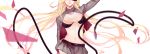  1girl belt bikini_top bishamonten_(noragami) blonde_hair breasts closed_mouth floating_hair gloves grey_jacket grey_skirt head_out_of_frame highres jacket large_breasts long_hair motion_blur noragami pleated_skirt recentia simple_background sketch skirt solo stomach thigh-highs very_long_hair whip white_background 