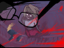  1boy 1girl antenna_hair arcueid_brunestud artist_name blonde_hair blood breasts dated dismemberment faceless glasses long_skirt looking_at_viewer melty_blood mystic_eyes_of_death_perception pov red_arcueid short_hair skirt smile standing_on_railing sweater tohno_shiki tsukihime turtleneck turtleneck_sweater 