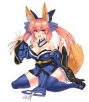  1girl \m/ animal_ears bare_shoulders blue_legwear bow breasts caster_(fate/extra) cleavage detached_sleeves fang fate/extra fate_(series) fox_ears fox_tail hair_bow hair_ribbon japanese_clothes large_breasts long_hair open_mouth pink_hair ribbon simple_background sitting solo tail thigh-highs twintails white_background yellow_eyes 
