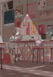  1girl animal backpack bag bowl brown_socks chopsticks cup drinking_glass eating food grey_jacket highres holding holding_chopsticks indoors jacket noodles original ramen restaurant scarf shoes sign sitting sloth_(animal) socks stool table tile_floor tiles tokunagapan unworn_bag unworn_scarf white_shoes 