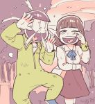  1boy 1girl bowl_cut braid brown_hair heart heart_in_mouth hono1212 jumpsuit jyushimatsu jyushimatsu&#039;s_girlfriend osomatsu-kun osomatsu-san short_hair skier smile standing_on_one_leg sunset tearing_up tears wall-eyed water wiping_tears wristband 