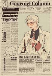  1boy black_shirt cake closed_eyes coat collared_shirt commentary english_commentary english_text food fork hair_slicked_back highres holding holding_fork limited_palette male_focus mullet muted_color naiann49374 necktie newspaper orange-tinted_eyewear outside_border red_necktie shirt solo strawberry_cake tinted_eyewear to_be_hero to_be_hero_x vest white_coat white_hair white_vest x_(to_be_hero_x) 