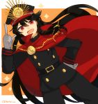  1girl belt black_hair cape demon_archer dutch_angle fang fate/grand_order fate_(series) gloves hand_on_hip hat highres index_finger_raised koha-ace long_hair long_sleeves military military_uniform orange_background peaked_cap red_eyes twitter_username uniform 