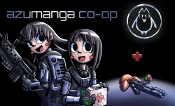  3girls armor assault_rifle azumanga_daioh black_hair blue_armor blush brown_hair copyright_name cosplay crossover derivative_work first_aid_kit gun half-life_(series) half-life_1 hev_suit highres holding holding_gun holding_weapon kasuga_ayumu m16 mihama_chiyo multiple_girls power_armor rifle screenshot_redraw snark srherbii takino_tomo twintails video_game weapon 