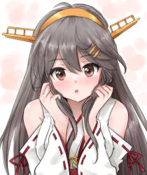  1girl black_hair brown_eyes commentary_request gold_hairband hair_ornament hairband hairclip haruna_(kancolle) headgear holding holding_own_hair japanese_clothes kantai_collection kitagawa_mikio long_hair looking_at_viewer nontraditional_miko ribbon-trimmed_sleeves ribbon_trim solo upper_body 