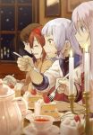  4girls ^_^ bangs blue_eyes blue_hair blunt_bangs brown_eyes brown_hair cake candle candlestand closed_eyes cup eating eyebrows food food_on_face fork fruit furutaka_(kantai_collection) hair_ribbon hairband hibiki_(kantai_collection) kantai_collection long_hair multiple_girls murakumo_(kantai_collection) nathaniel_pennel plate profile ribbon saucer school_uniform serafuku shiratsuyu_(kantai_collection) short_hair silver_hair sitting smile strawberry table tea teacup teapot tress_ribbon window 