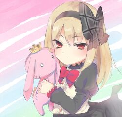  1girl asaya_(cuteanacoppora) black_dress black_hairband black_ribbon black_wings blonde_hair bow bowtie breasts dark_feather_alma dress emil_chronicle_online hairband highres holding holding_stuffed_toy red_bow red_bowtie red_eyes ribbon ribbon-trimmed_hairband shirt sleeveless sleeveless_shirt small_breasts stuffed_animal stuffed_rabbit stuffed_toy upper_body white_shirt wings 