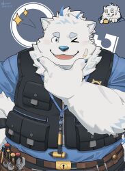 1boy animal_ears bandaid bandaid_on_cheek bandaid_on_face belt black_vest blue_shirt chibi claws commentary_request dog_boy dog_ears fangs furry furry_male highres live_a_hero lockpick looking_at_viewer male_focus multicolored_hair one_eye_closed open_mouth ponytail screwdriver shirt smile sparkle streaked_hair utility_belt vest white_fur white_hair wrench yohack zhymao 