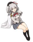  1girl :d ascot beret blush breasts double-breasted enu_(roco_roco44) epaulettes frilled_sleeves frills from_above grey_eyes hand_on_lap hand_on_own_shoulder hat jacket_on_shoulders kantai_collection kashima_(kantai_collection) kneehighs long_sleeves open_mouth pleated_skirt silver_hair simple_background sitting skirt smile socks solo twintails uniform wavy_hair white_background 