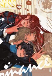  1girl 2boys absurdres akechi_gorou amamiya_ren baicumikuo black_hair blue_eyes blue_scarf brown_hair glasses hand_on_another&#039;s_head highres long_hair looking_at_viewer multiple_boys persona persona_5 persona_5_the_royal red_eyes red_hair red_scarf scarf smile v yoshizawa_kasumi 