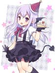  1girl bat_wings cake food gloves hat long_hair mauve pio_(potion_maker) pointy_ears potion_maker purple_hair solo tail violet_eyes wings 