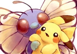  antennae bug butterfly butterfree closed_mouth fangs highres insect_wings looking_at_viewer misonikomiii no_humans open_mouth pikachu pokemon pokemon_(anime) pokemon_(classic_anime) pokemon_(creature) pokemon_focus red_eyes smile wings 