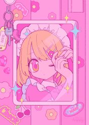  1girl absurdres arms_up blonde_hair bow carabiner closed_mouth dot_mouth flower_hairpin hair_between_eyes hair_ornament hairclip happy_(happi_illust) highres looking_at_mirror looking_at_viewer maid_headdress medium_hair mirror one_eye_closed original pink_bow pink_eyes portrait short_sleeves solo 