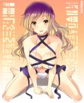  1girl bikini blonde_hair breasts cleavage gradient_hair hijiri_byakuren large_breasts long_hair maki_(seventh_heaven_maxion) micro_bikini multicolored_hair open_mouth purple_hair ribbon showgirl_skirt sitting smile solo swimsuit touhou very_long_hair wariza white_bikini white_swimsuit yellow_eyes 