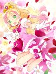 1girl :d blonde_hair blush bow cure_flora earrings eyebrows floral_background flower flower_earrings flower_necklace gloves go!_princess_precure green_eyes haruno_haruka jewelry kurasuke long_hair looking_at_viewer magical_girl multicolored_hair necklace open_mouth petals pink_bow pink_hair pink_skirt precure shoes skirt smile solo streaked_hair thick_eyebrows two-tone_hair white_gloves white_shoes 