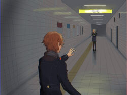  1boy 1girl black_jacket black_pantyhose black_shirt brown_hair commentary_request ghost hallway hanamura_yousuke headphones headphones_around_neck highres jacket konishi_saki neckerchief pantyhose persona persona_4 pleated_skirt poster_(object) reaching school_uniform shirt short_hair sign skirt the_exit_8 tile_floor tile_wall tiles usa_(kawaii_152cm) yellow_neckerchief 