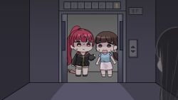 3girls anchor black_hair black_jacket black_shoes blue_shirt brown_eyes brown_hair chibi closed_mouth closed_umbrella commentary_request copyright_request elevator ghost grey_skirt heterochromia highres hololive hood hood_down hooded_jacket houshou_marine houshou_marine_(summer) jacket long_hair long_sleeves low_ponytail mochimiko multiple_girls open_mouth pink_umbrella ponytail puffy_long_sleeves puffy_sleeves red_eyes red_hair shaded_face shirt shoes short_sleeves shorts skirt sweat thigh_strap umbrella very_long_hair virtual_youtuber wavy_mouth white_shorts 