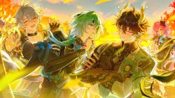  1girl 4boys absurdres anaxa_(honkai:_star_rail) antenna_hair armor black_capelet black_choker black_dress black_flower black_gloves black_hair black_jacket black_shirt blue_eyes blurry blurry_background blush_stickers caelus_(honkai:_star_rail) camera capelet chain choker closed_eyes closed_mouth coat commentary_request crossed_arms curtained_hair dan_heng_(honkai:_star_rail) dan_heng_(permansor_terrae)_(honkai:_star_rail) depth_of_field dragon_boy dragon_horns dress dromas_(honkai:_star_rail) earclip evernight_(honkai:_star_rail) eyeliner eyepatch fingerless_gloves flower flower_symbol flying_sweatdrops glint gloves green_hair grey_hair guest_art hair_between_eyes hair_flower hair_intakes hair_ornament hair_over_shoulder hair_tubes hairclip hand_on_own_chin hand_tattoo hands_up highres holding holding_camera honkai:_star_rail honkai_(series) horns jacket jewelry laughing light_blush long_hair long_sleeves looking_at_another low_ponytail makeup march_7th_(honkai:_star_rail) multiple_boys multiple_rings nervous_smile notice_lines one_eye_covered open_mouth outdoors parted_bangs partially_fingerless_gloves phainon_(honkai:_star_rail) pink_hair pointy_ears ponytail red_eyeliner red_pupils ring shirt short_hair shoulder_armor signature single_fingerless_glove single_hair_tube smile sparkle sweat tattoo teeth tomanattsu trailblazer_(honkai:_star_rail) turtleneck turtleneck_shirt upper_teeth_only white_coat yellow_horns 