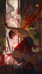  1boy absurdres architecture arm_guards back_tattoo bandaged_leg bandages barefoot bead_bracelet beads black_hair blood blood_on_bandages blood_on_wall blood_splatter bracelet cherry_tree crying crying_with_eyes_open dramatical_murder east_asian_architecture flower hair_ornament hairpin highres holding holding_hairpin holding_sword holding_weapon japanese_clothes jewelry katana kimono koujaku leg_tattoo male_chest male_focus nipples nitro+_chiral petals scar sliding_doors sword tattoo tears topless_male torn_bandages torn_clothes weapon white_flower wooden_floor xinjinjumin297778922468 